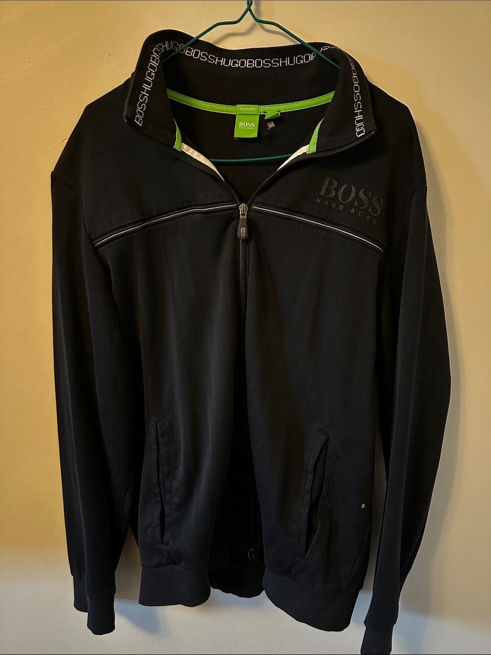 Hugo Boss Black Zip-Up Bomber Jacket with Neon Green Trim